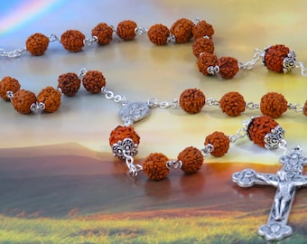 Rudraksha Rosary - Natural Rudraksha Beads - OL of Sorrows with Earth from Jerusalem "Holy Land" Center -Italian Silver Eucharistic Crucifix