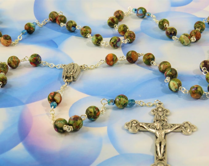 Multi Color Rainbow Sea Jasper Rosary - Multi Color Sea Sediment Jasper Gemstone Beads - Fatima with Water Center - Eucharistic Crucifix