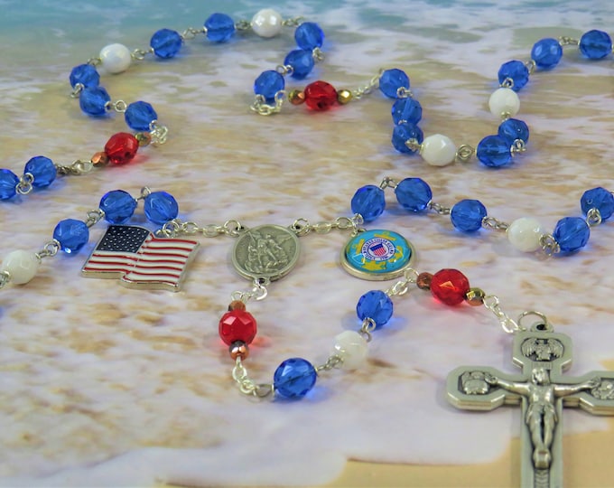 US Coast Guard Military Rosary - Czech Blue, White & Red Crystal Beads - St Michael Center - US Coast Guard Charm -Italian Stations Crucifix