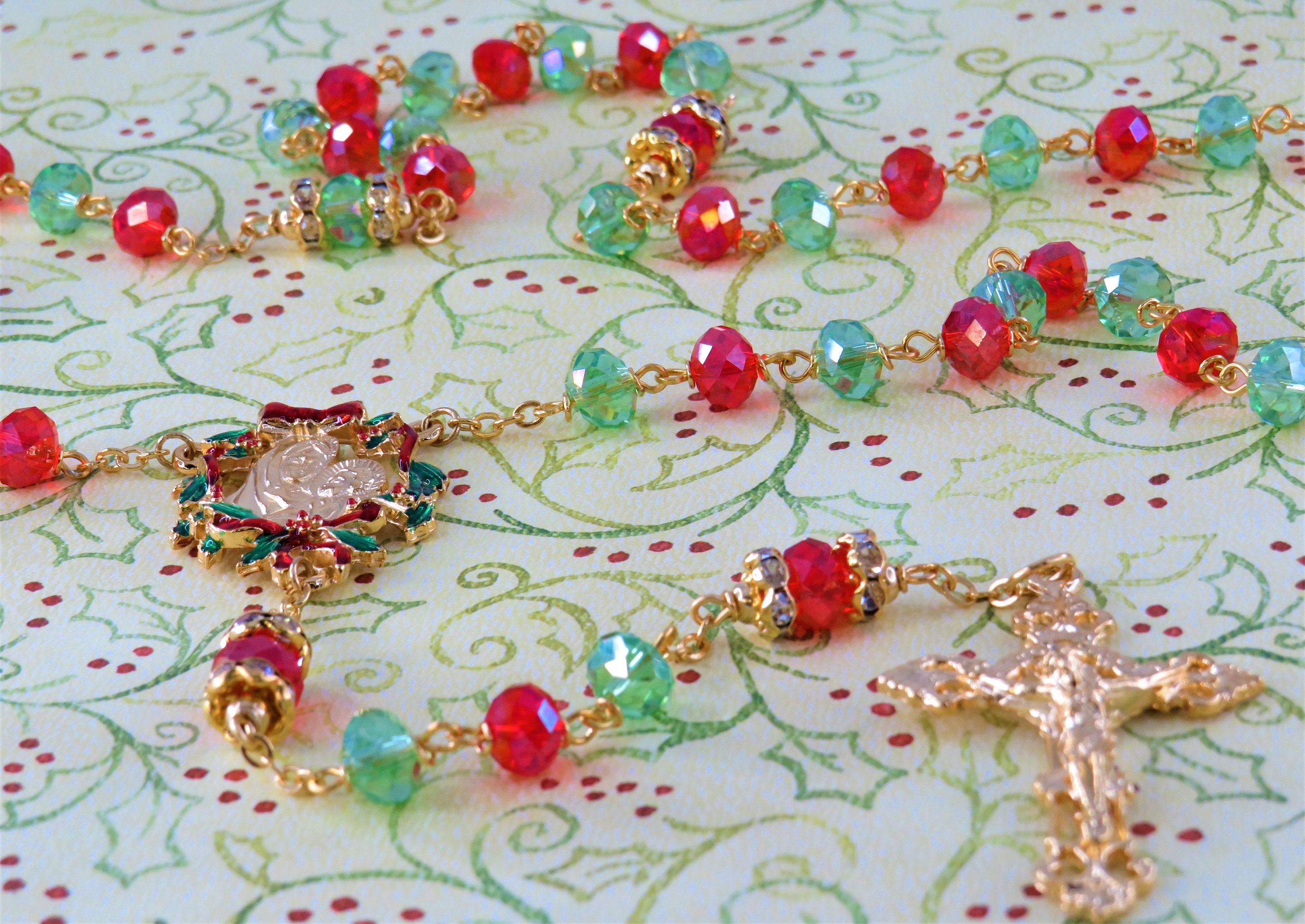 Christmas Rosary - Red and Green Fancy Cut Glass Beads-Austrian