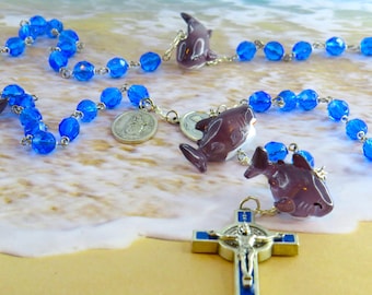 Shark Rosary - Czech Ocean Blue Glass Beads - Shark Father Resin Beads - Italian Sts Francis/Anthony Center - Italian Blue Enamel Crucifix