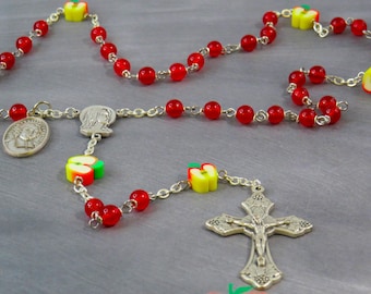 Teacher Rosary - Red Candy Jade Gemstone Beads - Polymer Apple Beads - Fatima Center - Italian Crucifix - St John Baptist De La Salle Medal