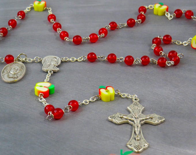 Teacher Rosary - Red Candy Jade Gemstone Beads - Polymer Apple Beads - Fatima Center - Italian Crucifix - St John Baptist De La Salle Medal