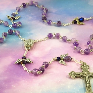 Semi Precious Amethyst Angel Rosary - Semi Precious Amethyst Beads - Purple Angel Beads -Italian Fatima Center -Italian Eucharistic Crucifix