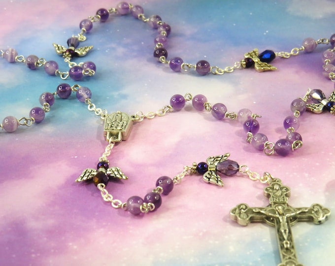 Semi Precious Amethyst Angel Rosary - Semi Precious Amethyst Beads - Purple Angel Beads -Italian Fatima Center -Italian Eucharistic Crucifix