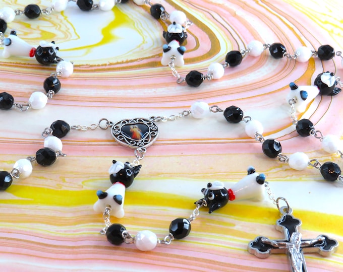 Dog Rosary - Lamp Glass Black & White Dog Beads - Czech White and Black Crystal Beads - Colorful Divine Mercy Center - Black Enamel Crucifix