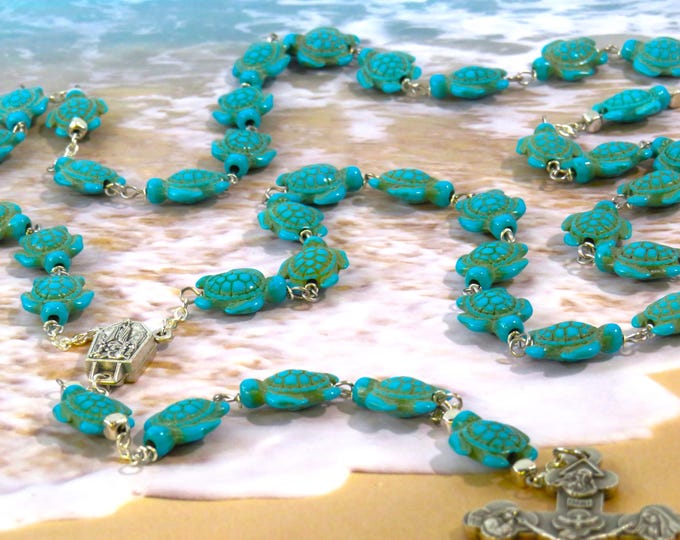 Turquoise Blue Turtle Rosary - Turquoise Blue Stone Turtle Beads - Italian Silver OL of Fatima Center - Italian Silver Eucharistic Crucifix
