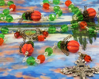 Pumpkin Harvest Rosary - Czech Green & Orange Crystal Beads -Crystal and Bronze Pumpkin Beads -Colorful Fatima Center -Fluer-de-Lis Crucifix