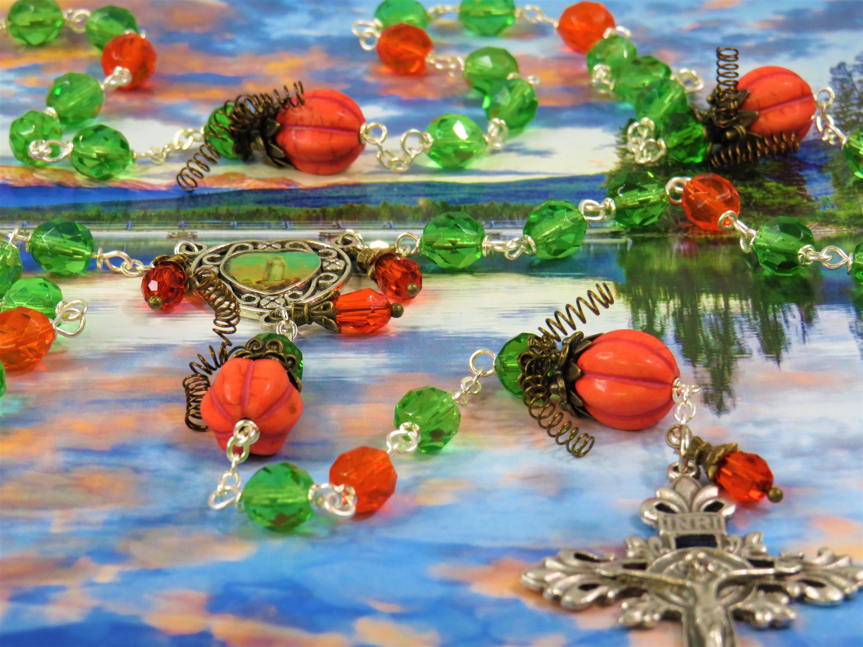 Pumpkin Harvest Rosary Czech Green Orange Crystal Beads Crystal and Bronze Pumpkin Beads Colorful Fatima Center Fluer de Lis Crucifix