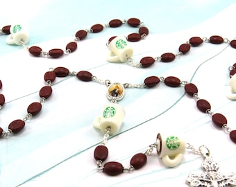 Coffee Bean & Cup Rosary - Czech Coffee Bean Glass Beads - Resin Coffee Cup Beads -  Our Lady of MT Carmel Center- Italian Filigree Crucifix