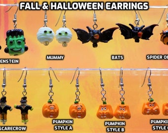 Fall & Halloween Earrings - Frankenstein, Mummy, Bats, Scarecrow, Spider and Pumpkins (3 Different Faces) -8 Different Styles to Choose From