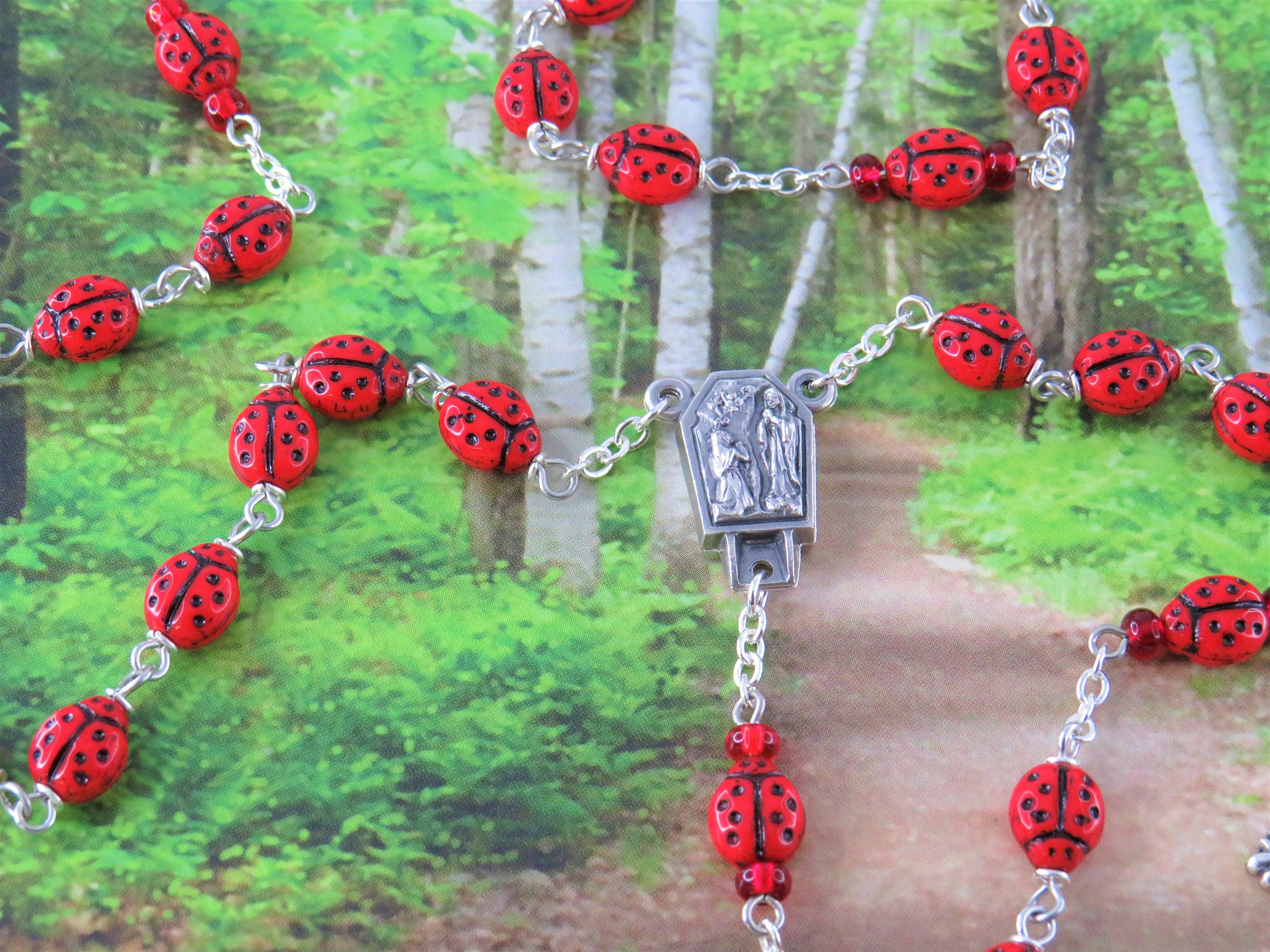 Ladybug Rosary Czech Opaque Red Ladybug Glass Beads Center Contains