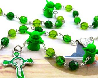 Star Wars Yoda Rosary - Czech Green Crystal Beads - 3D Yoda Father Beads - Ital Our Lady of Fatima Center -St Benedict Green Enamel Crucifix