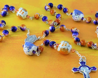 Owl Rosary - Purple & Orange Glass Beads - Ceramic Owl Father Beads - Italian Immaculate Mary Center - Purple Enamel Saint Benedict Crucifix