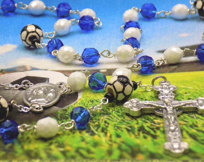 Blue and White Soccer Rosary - Czech Blue & White Glass Beads - Ceramic Soccer Balls - Ital St Sebastian Center-Italian Eucharistic Crucifix