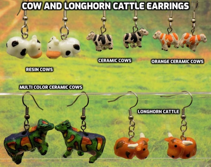 Cow and Longhorn Cattle Earrings - White and Black Cows - Green, Yel/Org Cows - White/Lt Blue Cows - White/Org Cows - Longhorn Cattle