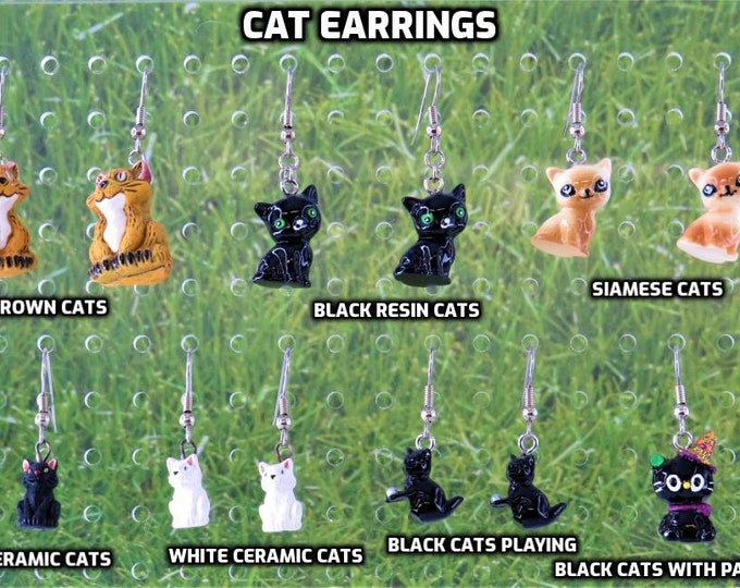 Cat Earrings - Brown Cats  - Black-Green Eyed Cats - Siamese Cats - White Cats - Black Cats - Black Cats Playing -Black Cats with Party Hats