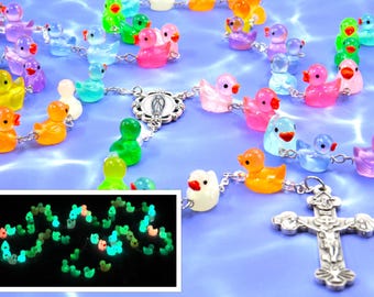 Ducky Rosary - Glows in the Dark - Multi Color Hand-Painted Duck Beads - Italian Our Lady of Guadalupe Center - Italian Eucharistic Crucifix