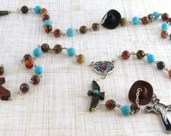 Western Rosary - SP Jasper & Turquoise Magnesite 8mm Beads - Cowboy Boot, Eagle, Cowboy Hat Father Beads - OL Center - Black Enamel Crucifix