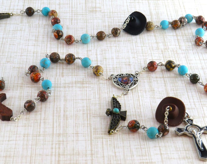 Western Rosary - SP Jasper & Turquoise Magnesite 8mm Beads - Cowboy Boot, Eagle, Cowboy Hat Father Beads - OL Center - Black Enamel Crucifix