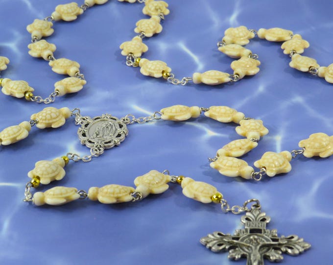White Stone Turtle Rosary - White Stone Turtle Beads - Gold Accent Beads - Italian Our Lady of Lourdes Center -Italian Fluer-De-Lis Crucifix