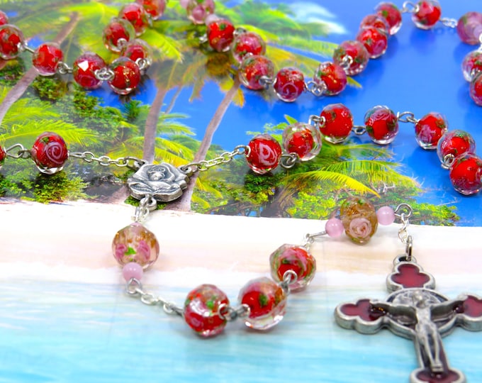 Red Rose Flower Rosary -Faceted Red and Pink Rose Flower Glass Beads - Italian Rose & Sacred Heart of Mary Center- Italian Red Rose Crucifix
