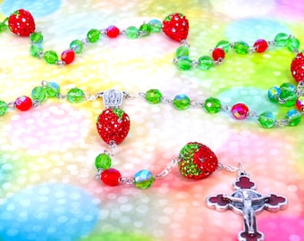 Rhinestone Strawberry Rosary - Rhinestone Strawberry Beads - Czech Green & Red Crystal Beads -Fatima Center -Red Enamel St Benedict Crucifix