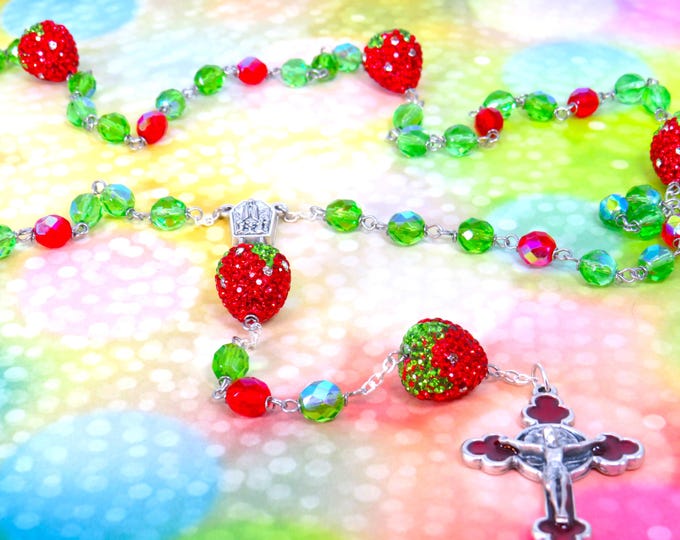 Rhinestone Strawberry Rosary - Rhinestone Strawberry Beads - Czech Green & Red Crystal Beads -Fatima Center -Red Enamel St Benedict Crucifix