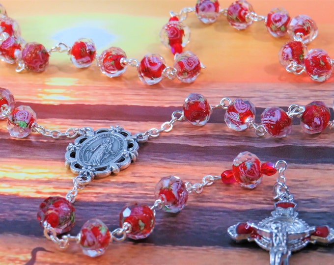 Red Rose Flower Lamp Glass Rosary -Faceted Red Rose Flower Lamp Glass Beads -Italian Miraculous Mary Center -St Benedict Red Enamel Crucifix