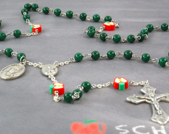 Teacher Rosary - S/P Green Candy Jade Beads - Polymer Apple Beads - OL of Sorrows Center -Italian Crucifix-St John Baptist De La Salle Medal