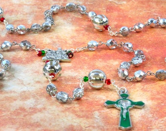 Silver Christmas Rosary - Czech Clear and Silver Crystal Beads - Clear & Silver Ornament Beads-Italian Nativity Center-Green Enamel Crucifix