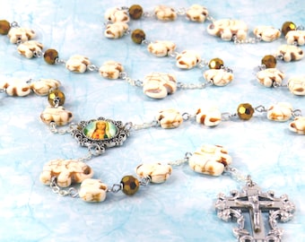 Elephant"Mom & Baby"White Stone Rosary - White Stone Elephant Beads- Czech Beads- Immac Heart of Mary Center -Italian Ornate Flower Crucifix