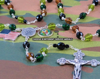 US Military Camouflage Rosary - Czech Olive, Green, Smoke Topaz & Black Crystal Beads - St Michael Center - US Flag Charm - Italian Crucifix