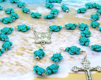 Turquoise Blue Turtle Rosary - Turquoise Blue Stone Turtle Beads -Italian Silver OL & Baby Jesus Center -Italian Silver Eucharistic Crucifix
