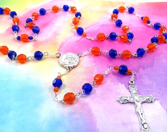 Custom Order for Joanne - 4 Rosaries - Czech Orange and Blue 4 and 8mm Crystal Beads - Italian St Therese Center - Italian Ornate Crucifix
