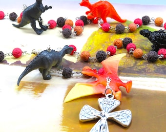 Dinosaur Rosary - Red, Orange & Brown Lava Gemstone Beads - Textured Dinosaur Beads -Italian Mary and Child Center-Italian Swirl Crucifix