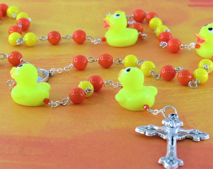 Rubber Ducky & Glass Rosary - Orange and Yellow Glass Beads - Rubber Duck Father Beads - Italian Pope Francis Center -Ital Sunburst Crucifix