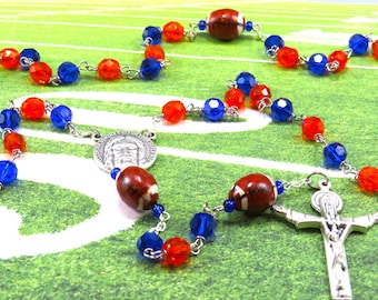 Orange and Blue Football Rosary - Czech Orange & Blue Crystal Beads - Ceramic Footballs- Italian Holy Face Center - It Holy Trinity Crucifix