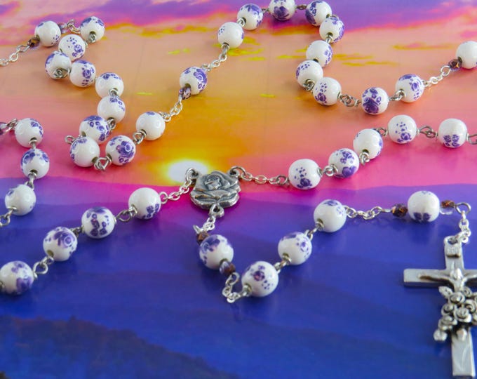 White & Purple Flower Rosary - White and Purple Flower Ceramic Beads - Italian Silver Rose and Mary Center - Italian Silver Flower Crucifix