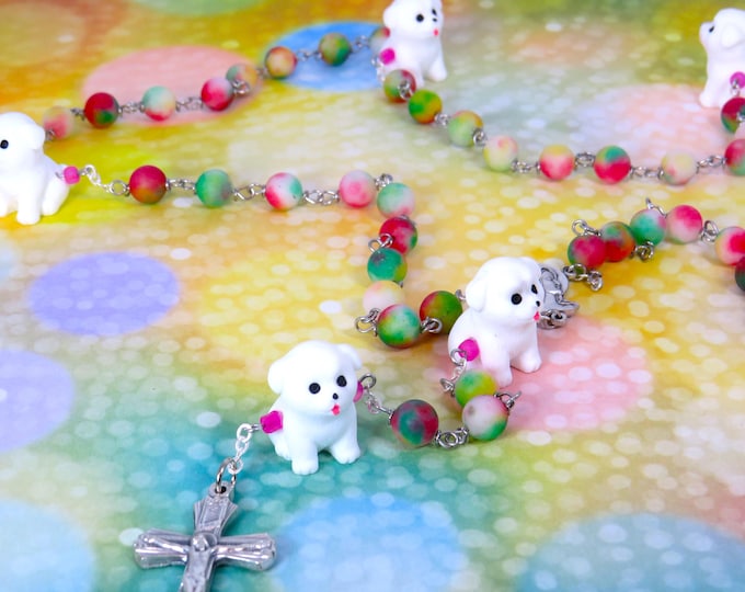Puppy Dog Rosary - Maltese Resin Father Beads - Rainbow Quartzite Beads - Italian Our Lady of Fatima Center - Italian Silver Ribbed Crucifix