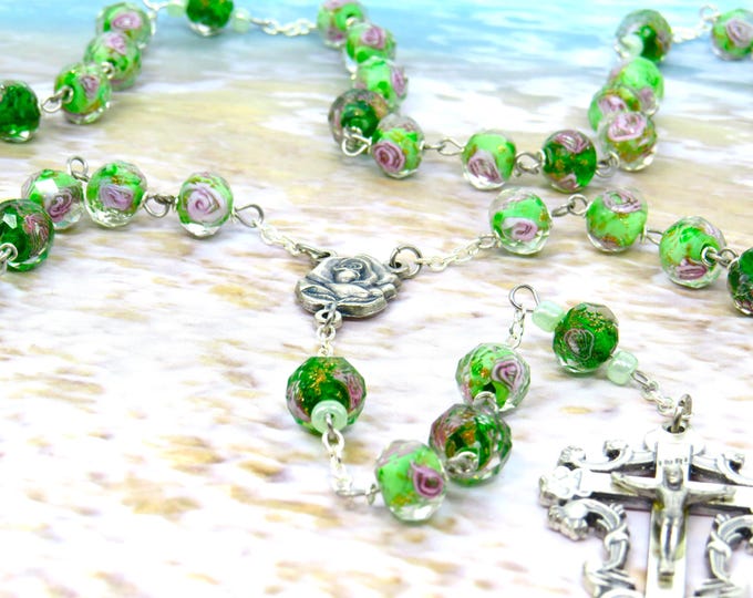 Green Rose Flower Lamp Glass Rosary - Faceted Green Rose Flower Lamp Glass Beads - Italian Rose Center Center - Italian Flower Crucifix