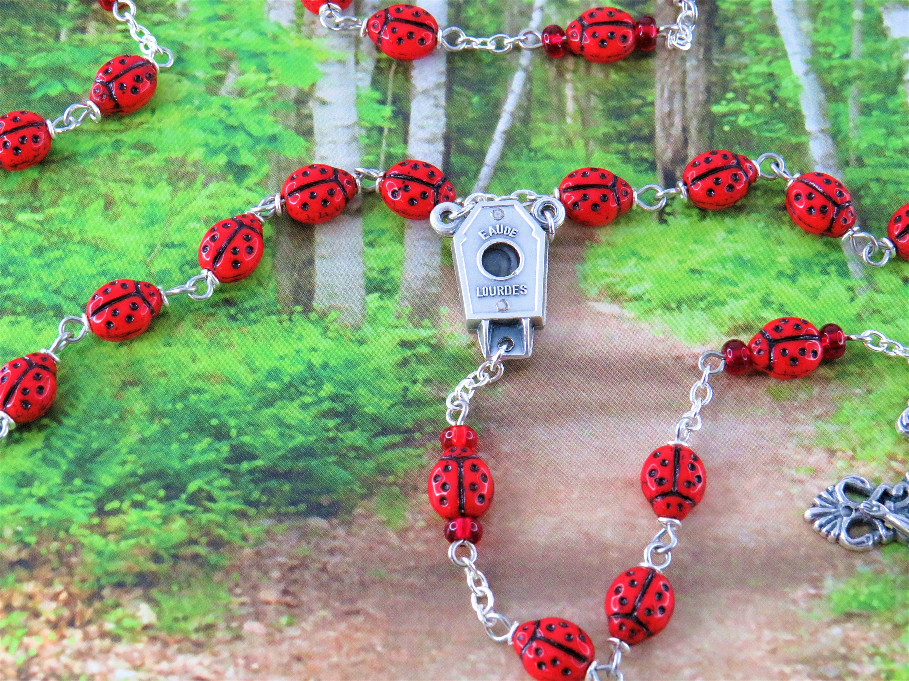 Ladybug Rosary Czech Opaque Red Ladybug Glass Beads Center Contains
