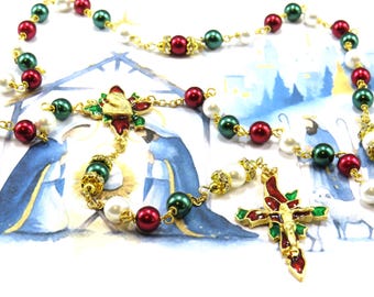 Christmas Poinsettia Rosary - Red, White and Green Glass Pearl Beads - Rhinestone -Gold Plated Pewter Christmas Poinsettia Center & Crucifix