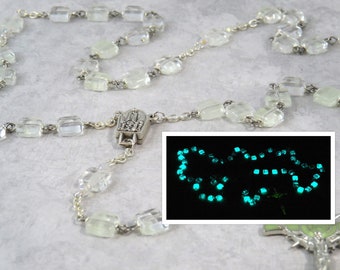 Clear Czech Glass "Glow in the Dark" Rosary - Clear Glow in The Dark Glass Beads - Our Lady of Fatima Center with Water - Luminous Crucifix