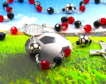 Black and Red Soccer Rosary - Czech Black & Red Glass Beads - Ceramic Soccer Balls - Italian Holy Face Center - Italian Sculptor Crucifix