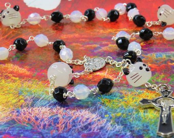 Mickie the Mouse Rosary - LampWork Handmade Mouse Beads - Czech Opal and Black Glass Beads -Italian St Francis Center -Black Enamel Crucifix