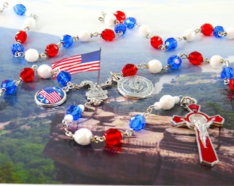Proud to be American Rosary - Czech Red, White and Blue Crystal Beads - US Flag Charm - St Michael Center - Proud To Be American Charm