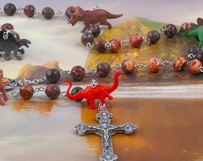 Dinosaur Rosary - Semi Precious Leopard Jasper 8mm Beads - Hand Painted Dinosaur Beads - O.L. Lourdes Center - Italian Eucharistic Crucifix