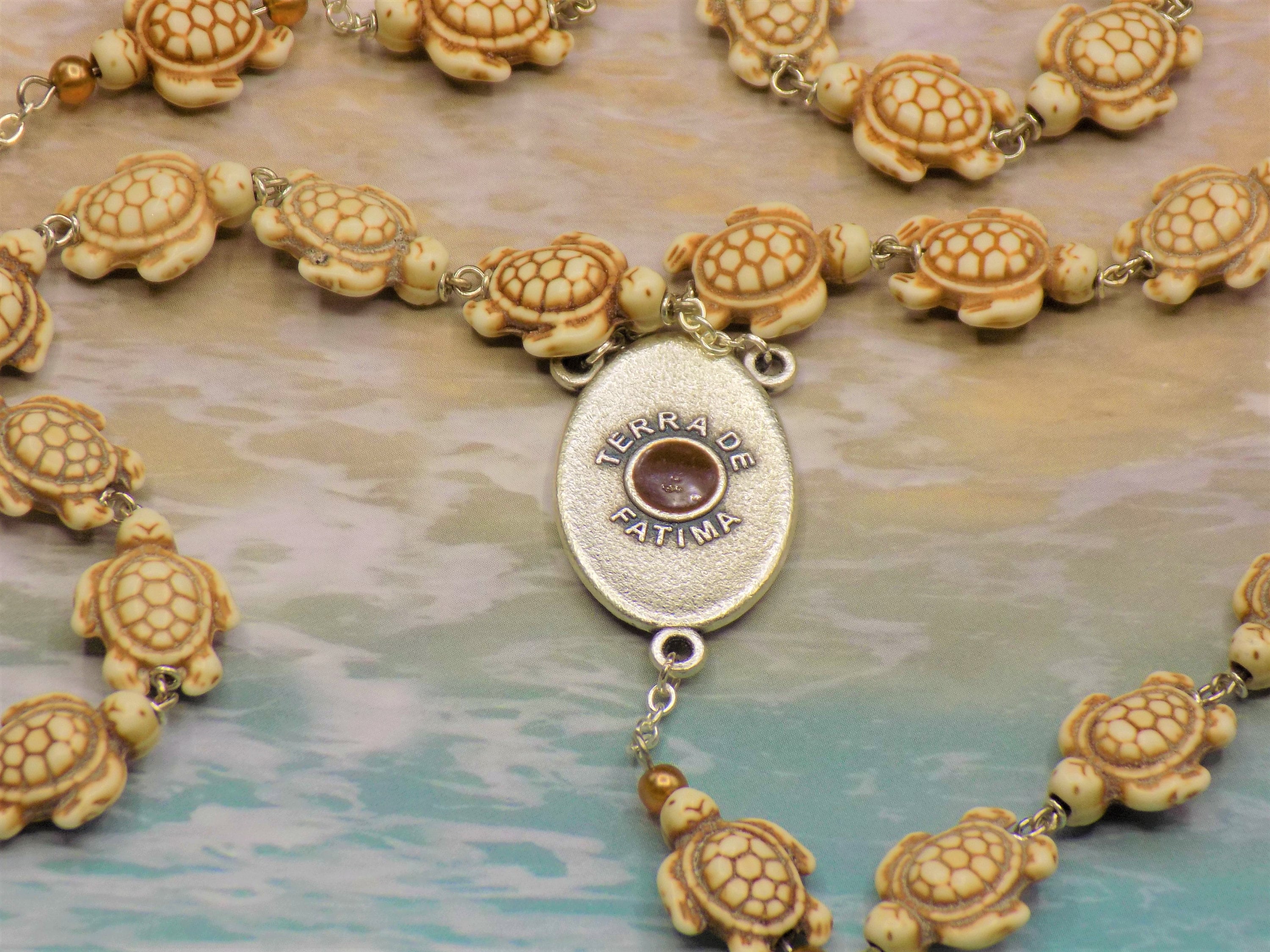 Stone Turtle Rosary - White Stone Turtle Beads - Gold Pearls - Italian ...