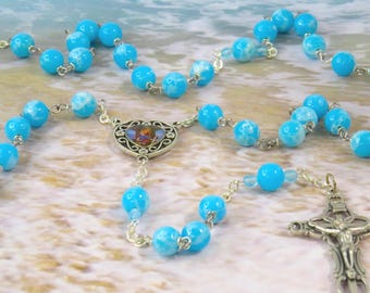 Blue Larimar Quartz Rosary - Blue Larimar Quartz Gemstone Beads - Our Lady of the Rosary Colorful Center - Italian Fancy Filigree Crucifix